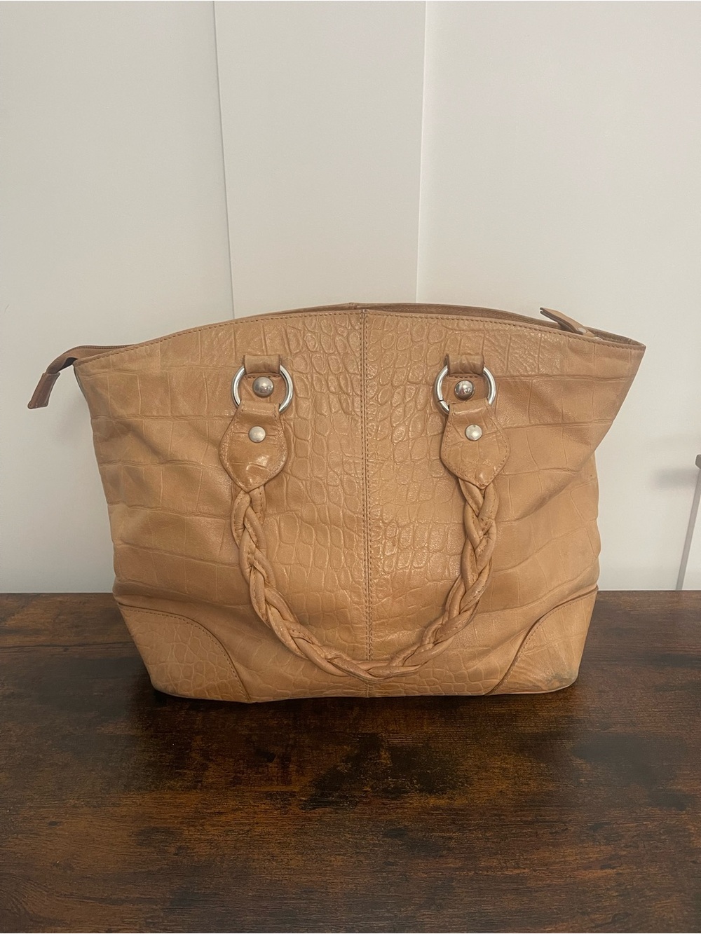 Braided-Handle Croc-Embossed Tote in Tan